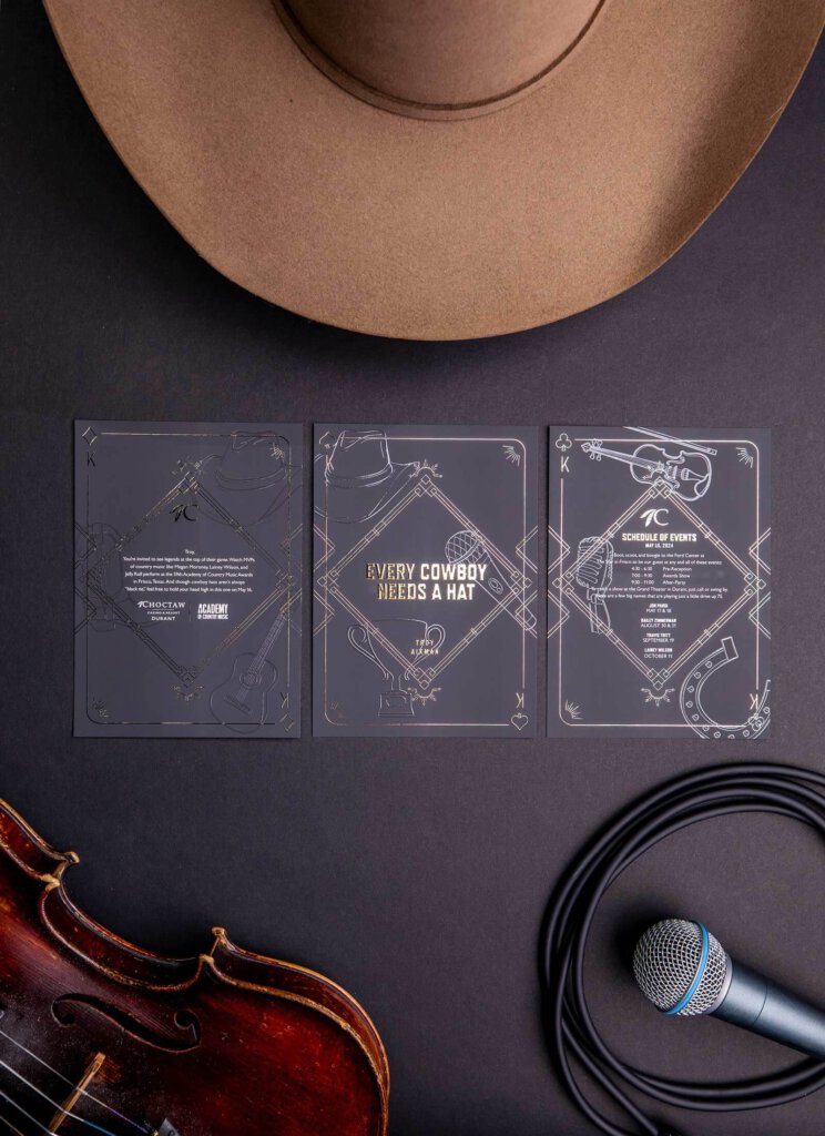 Every Cowboy Needs a Hat with image of cowboy hat, schedule of events, fiddle and microphone