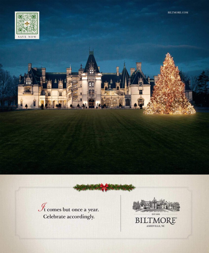 Biltmore: View of Biltmore Estate lit up for Christmas. It comes but once a year. Celebrate accordingly.